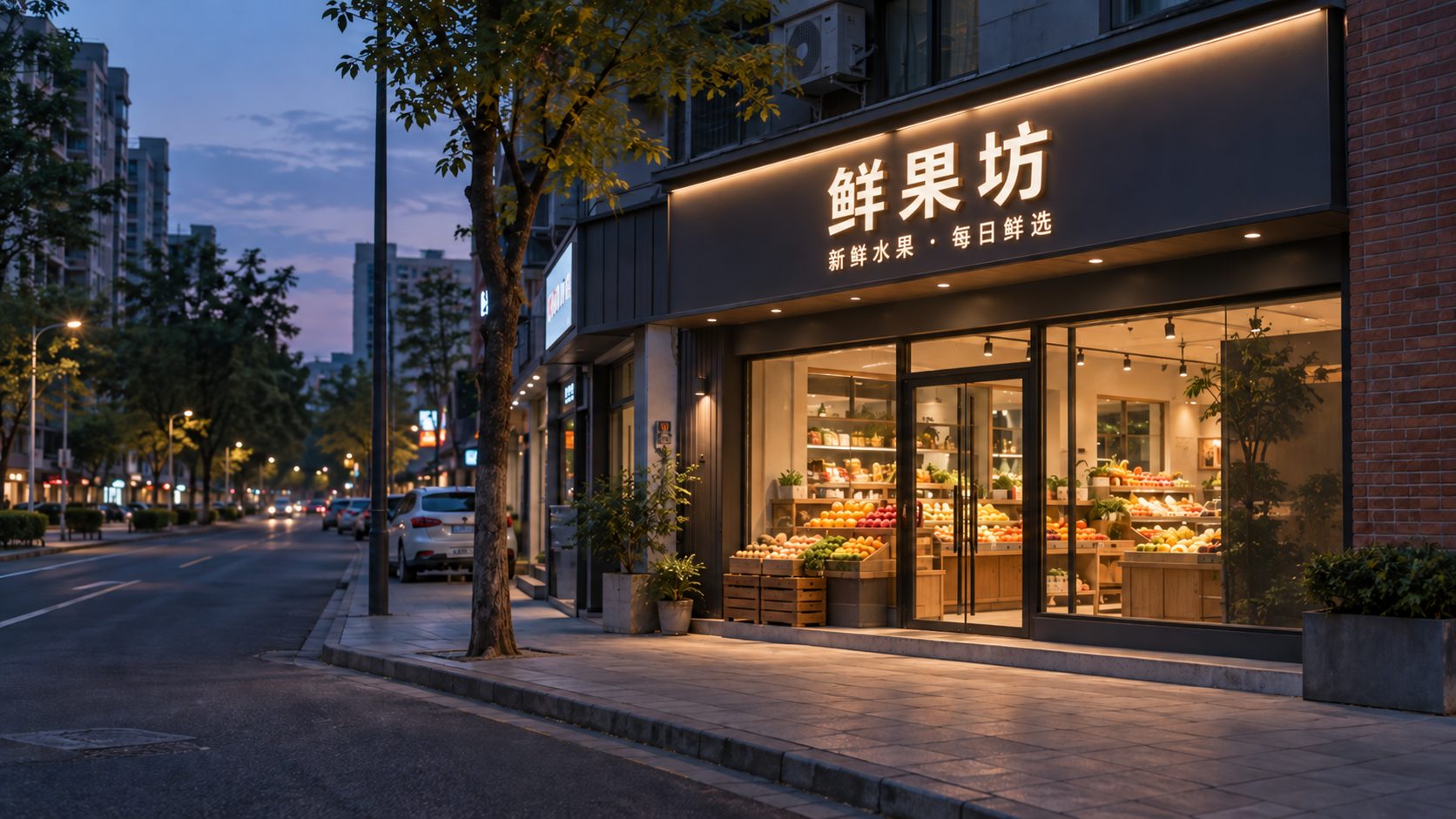 夜间门店招牌将灯光集中在店名和主营信息