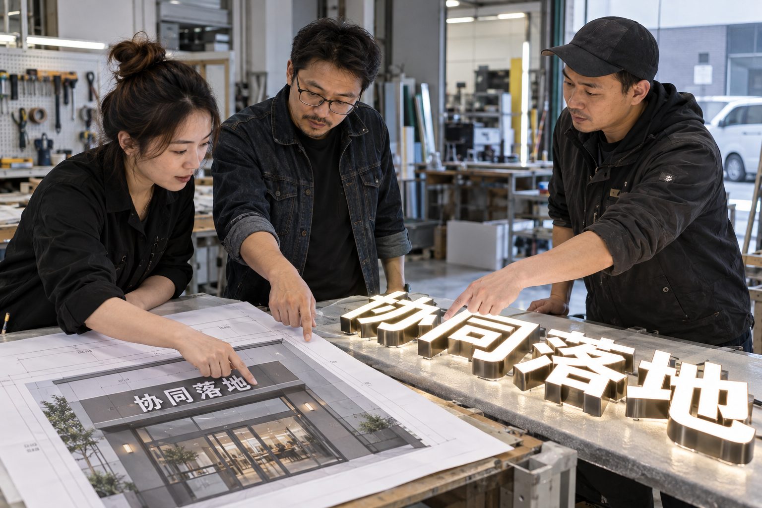 设计、制作与安装人员对照图纸和发光字